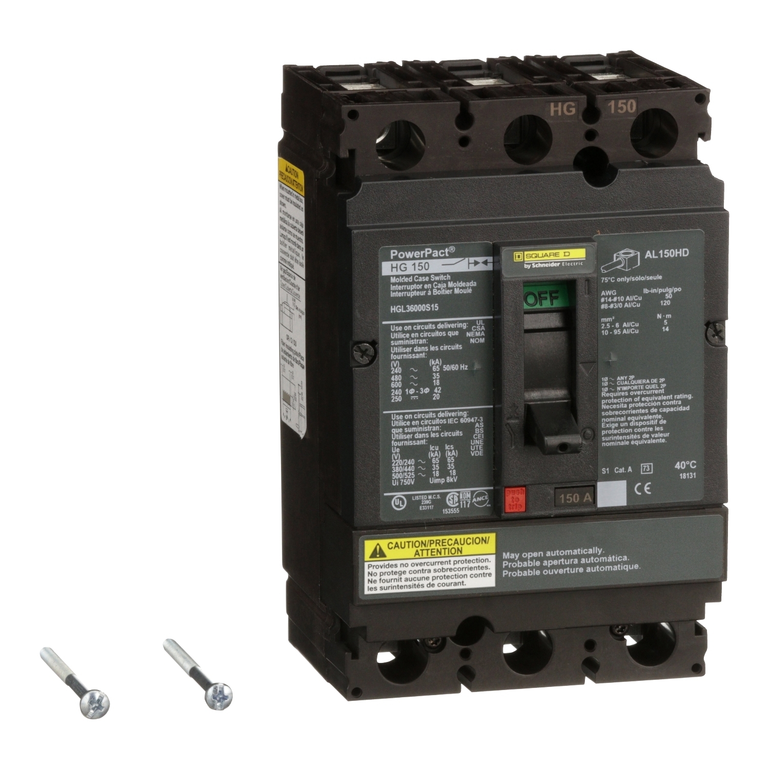 HGL36000S15 PowerPact Type HGL Automatic Molded Case Circuit Breaker, 600 V AC, 150 A, 18 kA Interrupt, 3 Poles