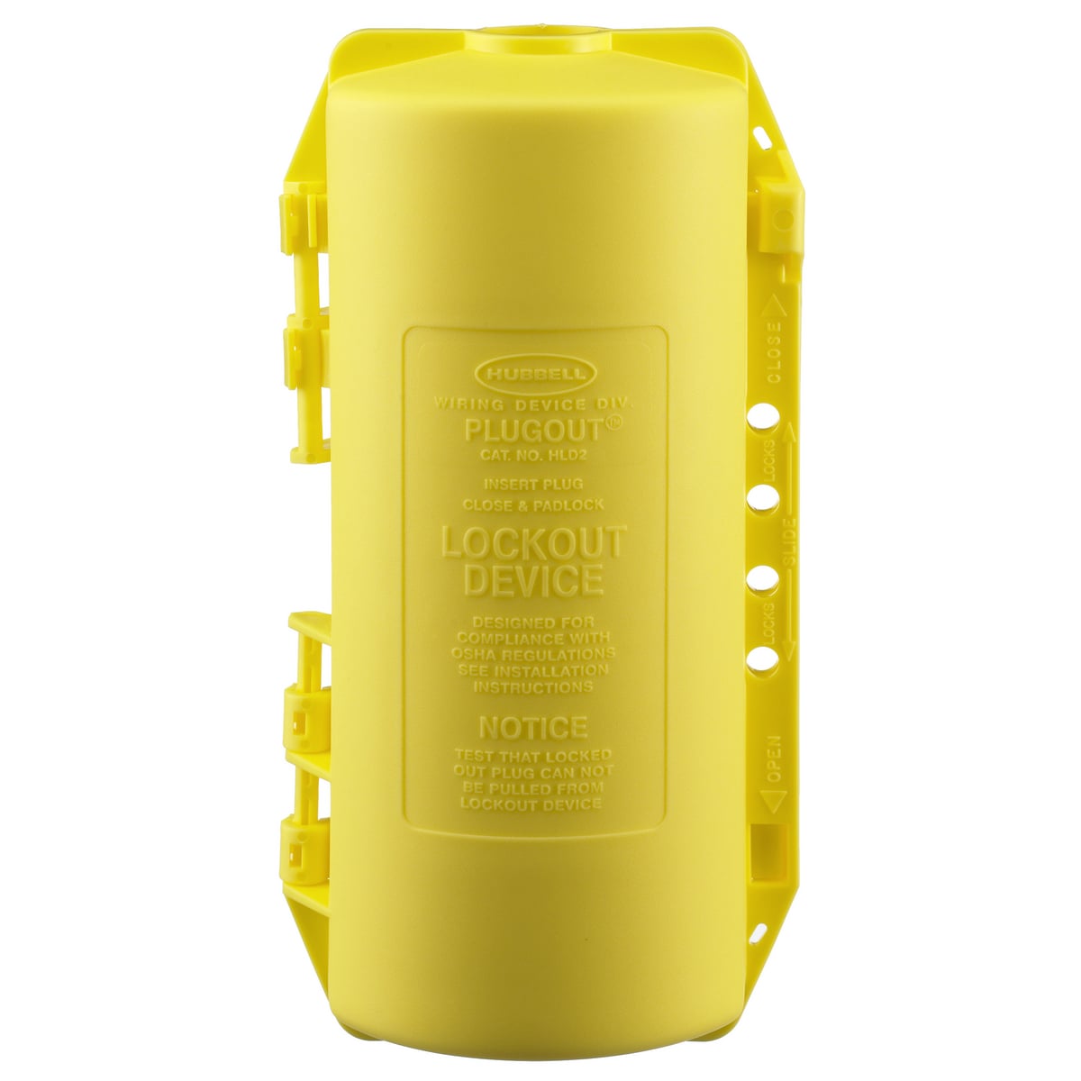 HLD2 Large Lockout Device, For Use With 20, 30 and 60 A Metallic and Non-Metallic Pin and Sleeve, Hubbellock and 50 A Twist-Lock plugs, 1.9 in to 4.5 in Plug, 1.45 in Dia Cord, Polypropylene, Yellow