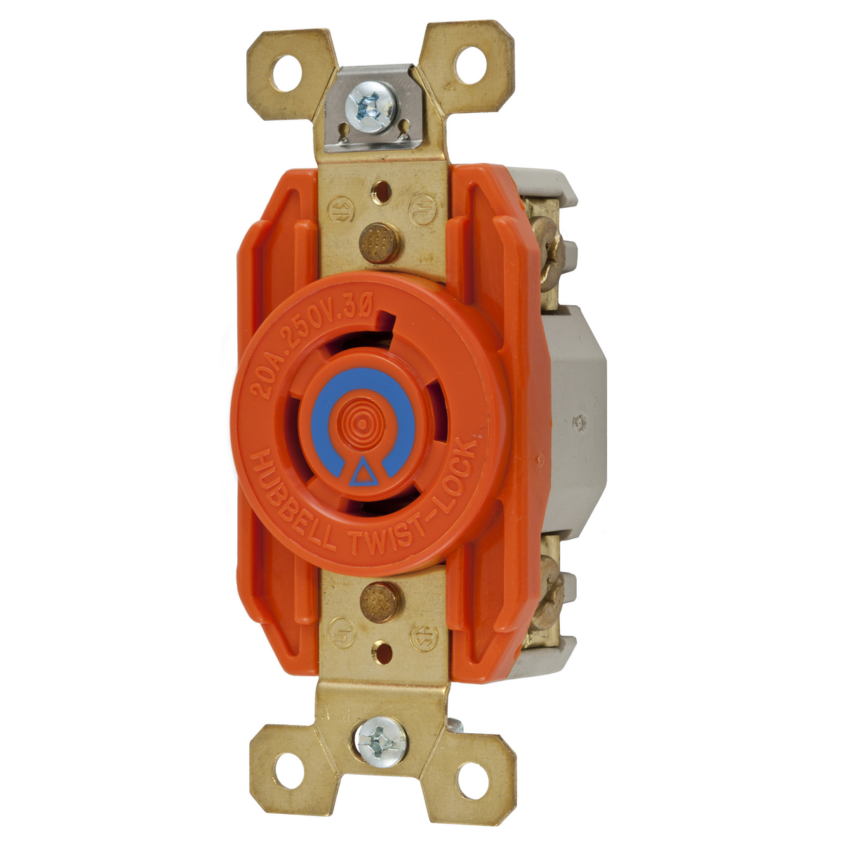 IG2420 3-Phase Heavy Duty Flush Mount Isolated Ground Single Standard Screw Mount Locking Receptacle, 250 V AC, 20 A, 3 Poles, 4 Wires, Orange