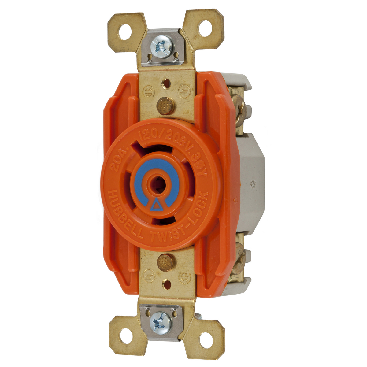 IG2510 3-Phase Flush Isolated Ground Single Standard Screw Mount Locking Receptacle, 120/208 V AC, 20 A, 4 Poles, 5 Wires, Orange