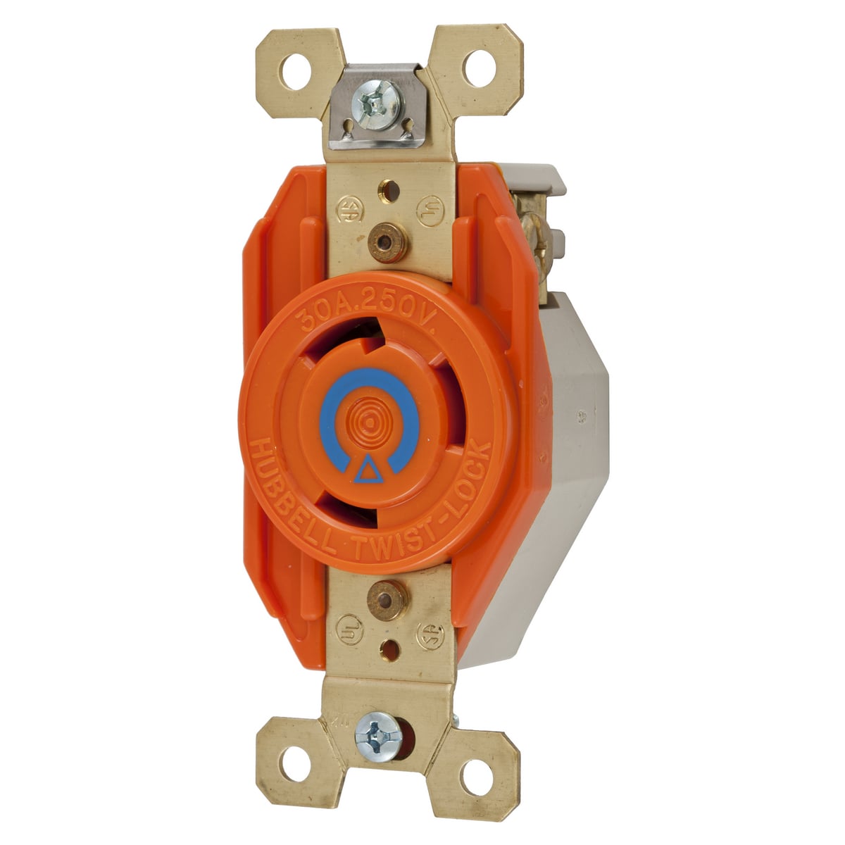 IG2620 1-Phase Heavy Duty Isolated Grounding Single Screw Mount Locking Receptacle, 250 V AC, 30 A, 2 Poles, 3 Wires, Orange