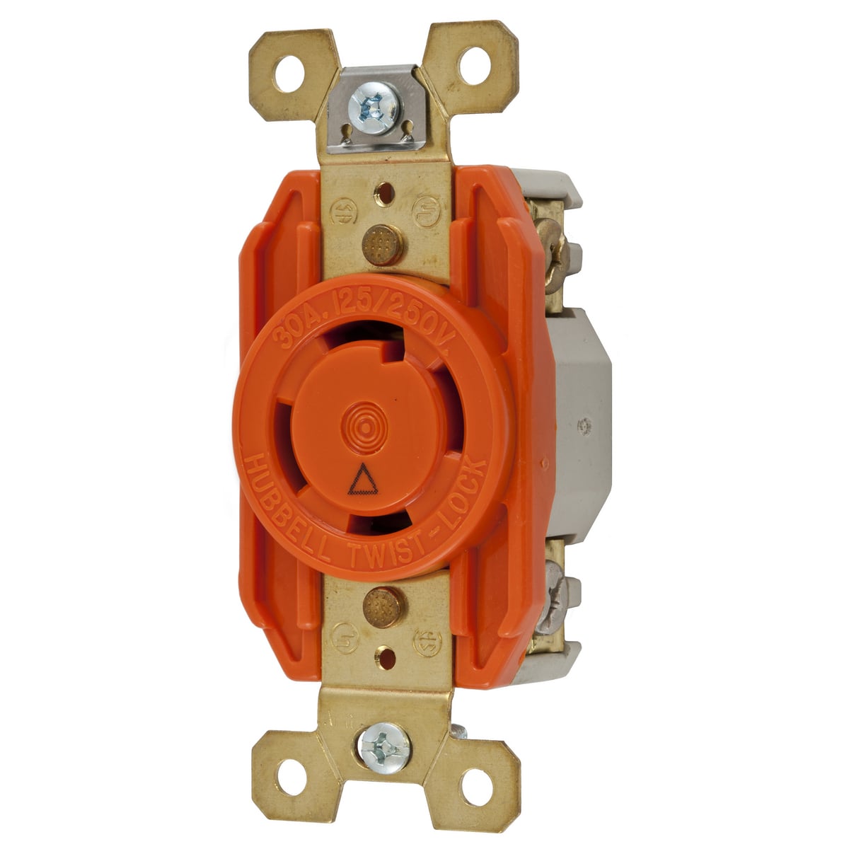 IG2710 1-Phase Flush Mount Heavy Duty Grounding Standard Single Screw Mount Locking Receptacle, 125/250 V AC, 30 A, 3 Poles, 4 Wires, Orange