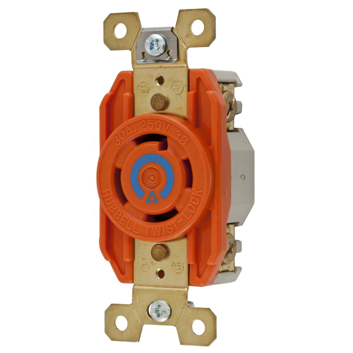 IG2720 3-Phase Heavy Duty Isolated Ground Single Standard Screw Mount Locking Receptacle, 250 V AC, 30 A, 3 Poles, 4 Wires, Orange