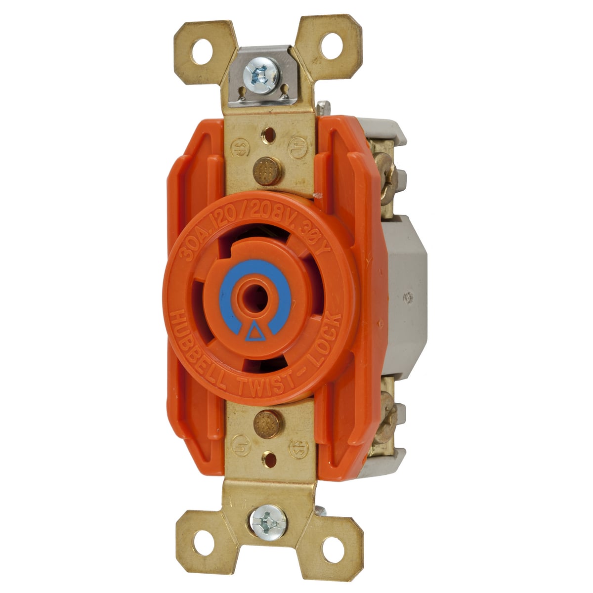IG2810 3-Phase Flush Isolated Ground Single Standard Screw Mount Locking Receptacle, 120/208Y V AC, 30 A, 4 Poles, 5 Wires, Orange