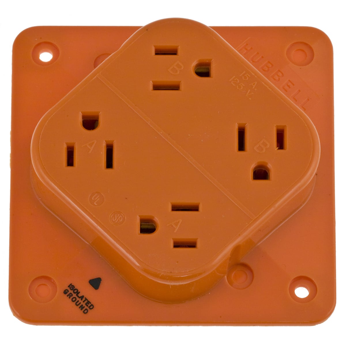 IG415 1-Phase Extra Heavy Duty Isolated Ground Quad Standard Screw Mount Straight Blade Receptacle, 125 V AC, 15 A, 2 Poles, 3 Wires, Orange