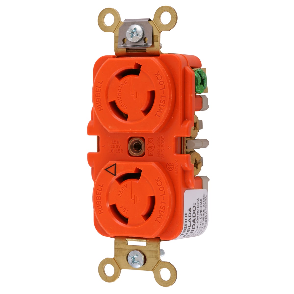 IG4550A 1-Phase Heavy Duty Duplex Grounding Standard Traditional Screw Mount Locking Receptacle, 250 V AC, 15 A, 2 Poles, 3 Wires, Orange