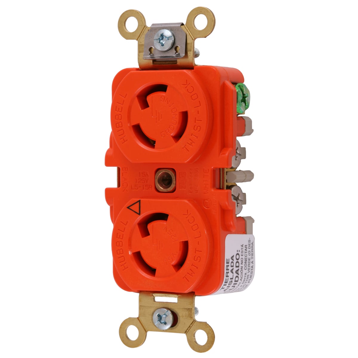 IG4700A 1-Phase Heavy Duty Duplex Grounding Standard Traditional Screw Mount Locking Receptacle, 125 V AC, 15 A, 2 Poles, 3 Wires, Orange