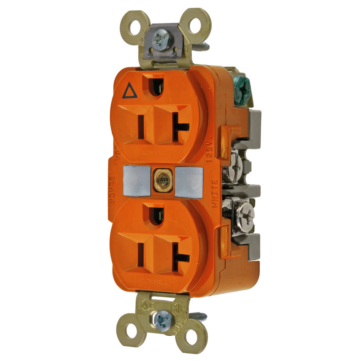 IG5362 1-Phase Extra Heavy Duty Duplex Isolated Ground Standard Traditional Screw Mount Straight Blade Receptacle, 125 V AC, 20 A, 2 Poles, 3 Wires, Orange
