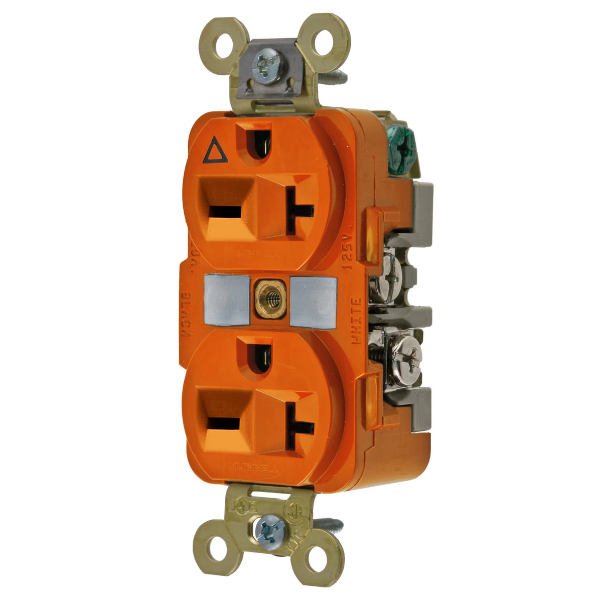 IG5462 1-Phase Extra Heavy Duty Duplex Isolated Ground Standard Traditional Screw Mount Straight Blade Receptacle, 250 V AC, 20 A, 2 Poles, 3 Wires, Orange