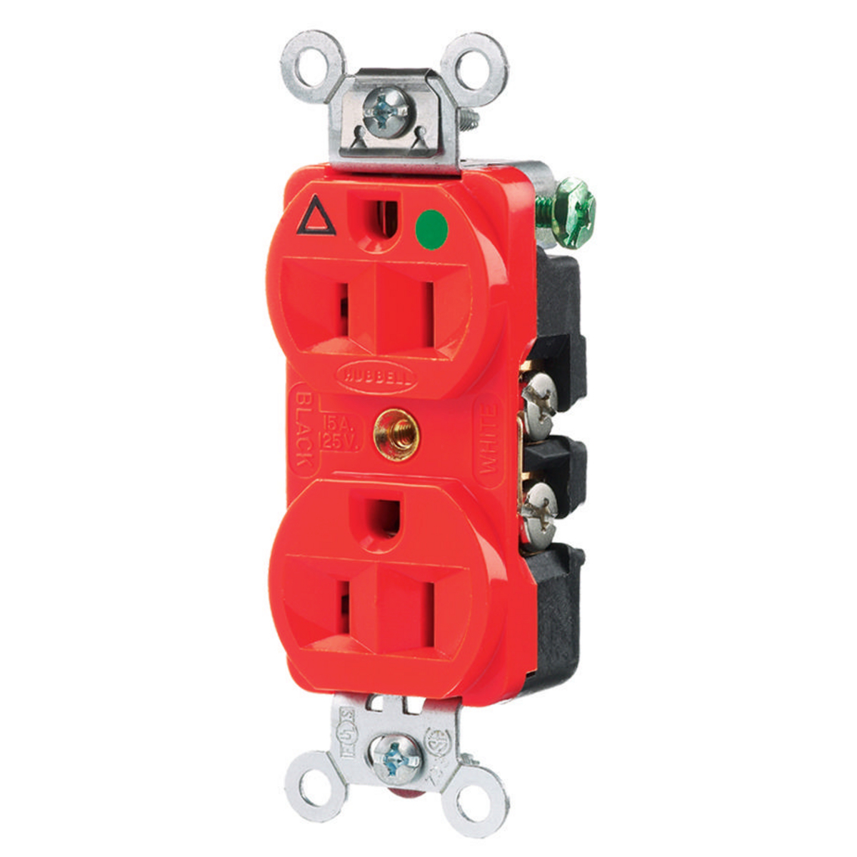 IG8200R 1-Phase Extra Heavy Duty Duplex Impact-Resistant Isolated Ground Standard Traditional Screw Mount Straight Blade Receptacle, 125 V AC, 15 A, 2 Poles, 3 Wires, Red