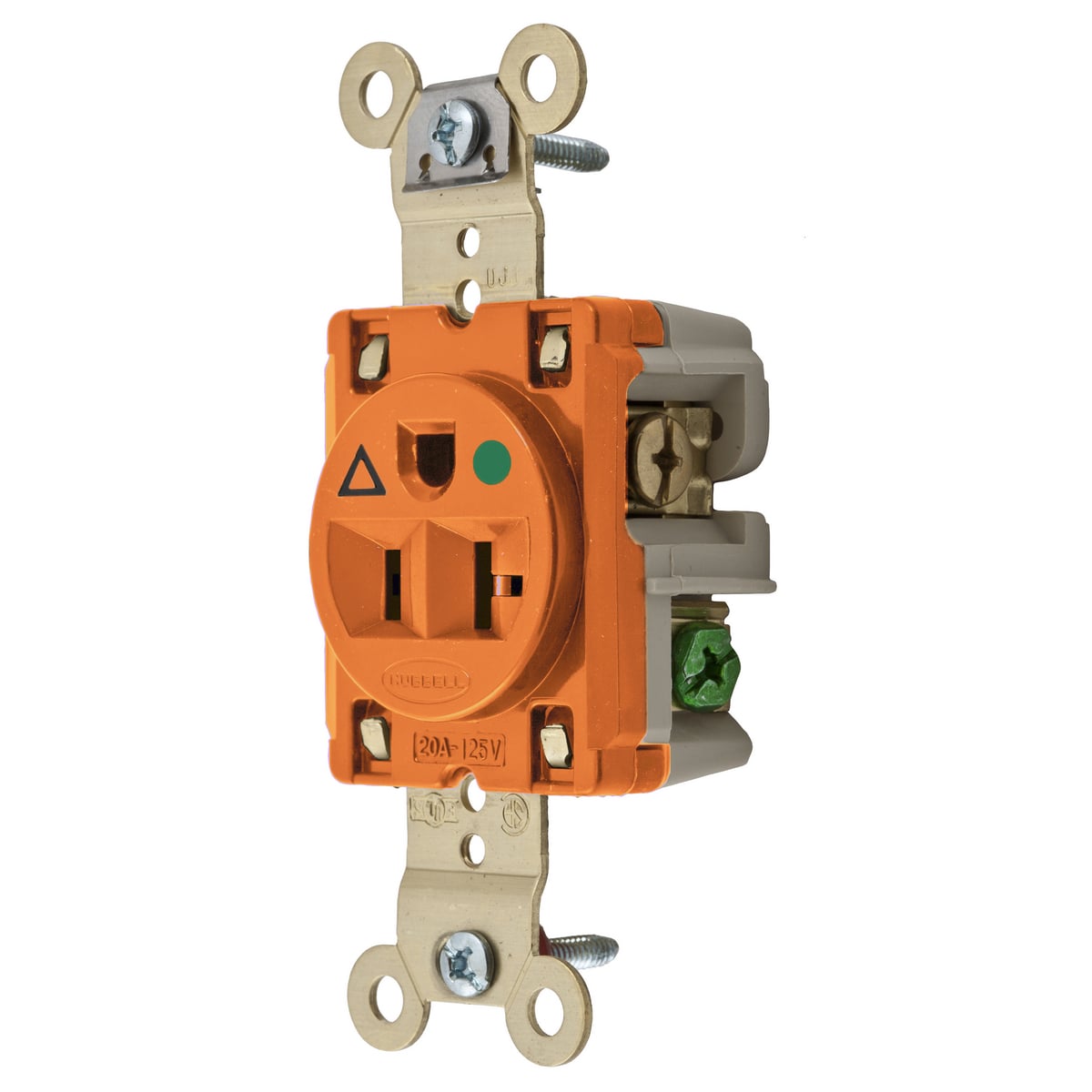 IG8310 1-Phase Extra Heavy Duty Isolated Ground Single Standard Screw Mount Straight Blade Receptacle, 125 V AC, 20 A, 2 Poles, 3 Wires, Orange