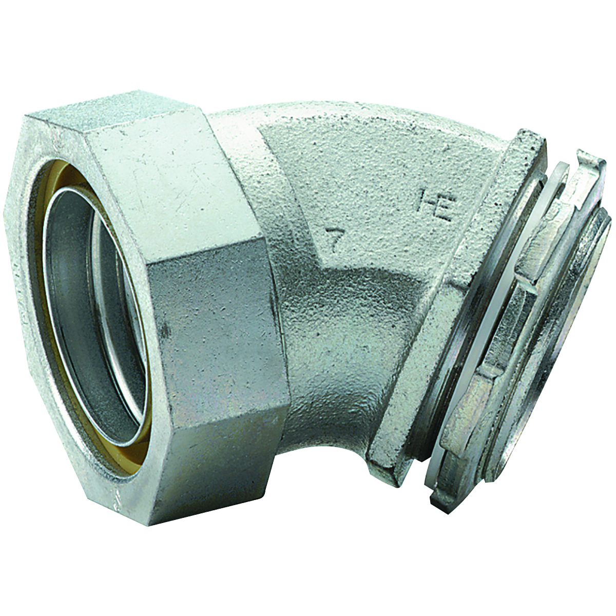 K0504 K Series Bare Non-Insulated Liquidtight Connector, 1/2 in Trade, 45 deg, Malleable Iron/Steel, Electro-Plated Zinc