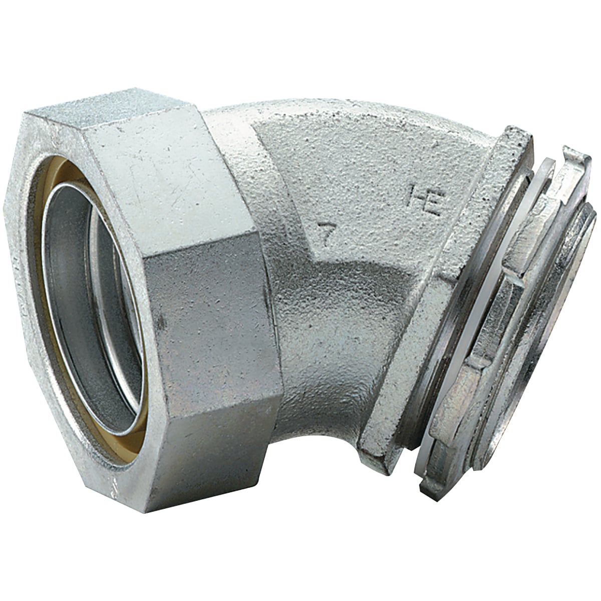 K1004 K Series Bare Non-Insulated Liquidtight Connector, 1 in Trade, 45 deg, Malleable Iron/Steel, Electro-Plated Zinc