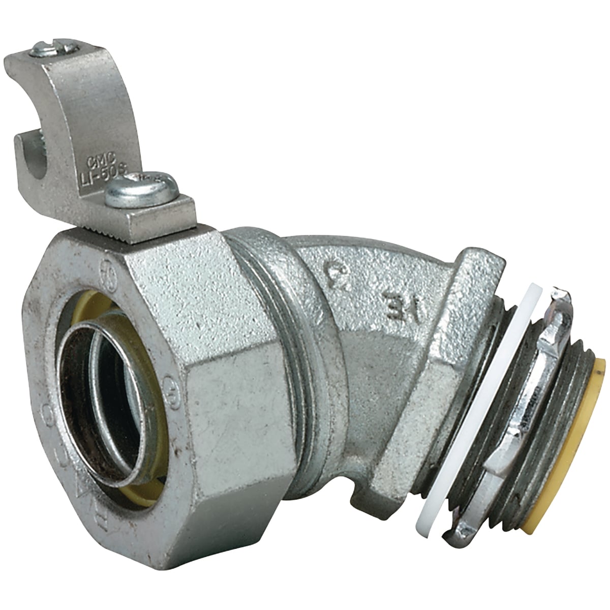 K15041-G K Series Grounded Insulated Liquidtight Connector, 1-1/2 in Trade, 45 deg, Malleable Iron/Steel, Electro-Plated Zinc