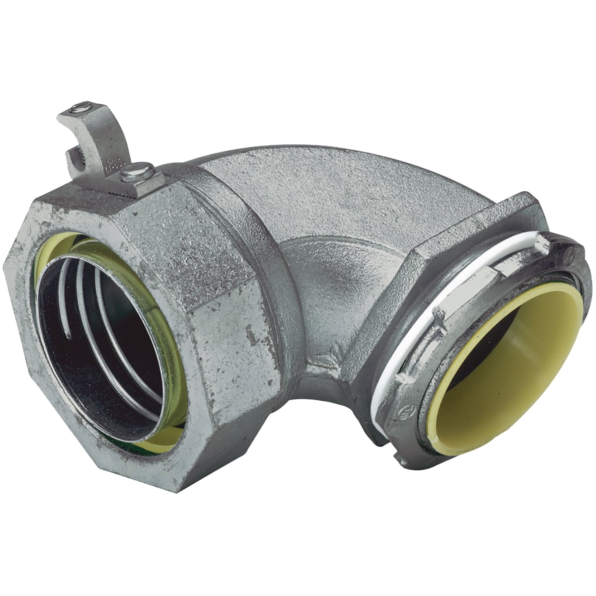 K20091-G K Series Grounded Insulated Liquidtight Connector, 2 in Trade, 90 deg, Malleable Iron/Steel, Electro-Plated Zinc