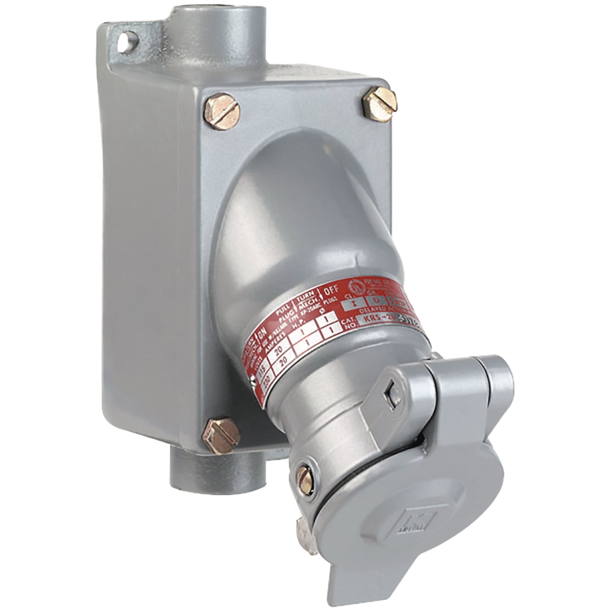 KRS-218-220 1-Phase Heavy Duty Single Pin and Sleeve Receptacle Box Assembly With SWB Series Mounting Splice Feed-Through Enclosure, 115/230 V AC, 20 A, 3 Poles, 2 Wires, Gray