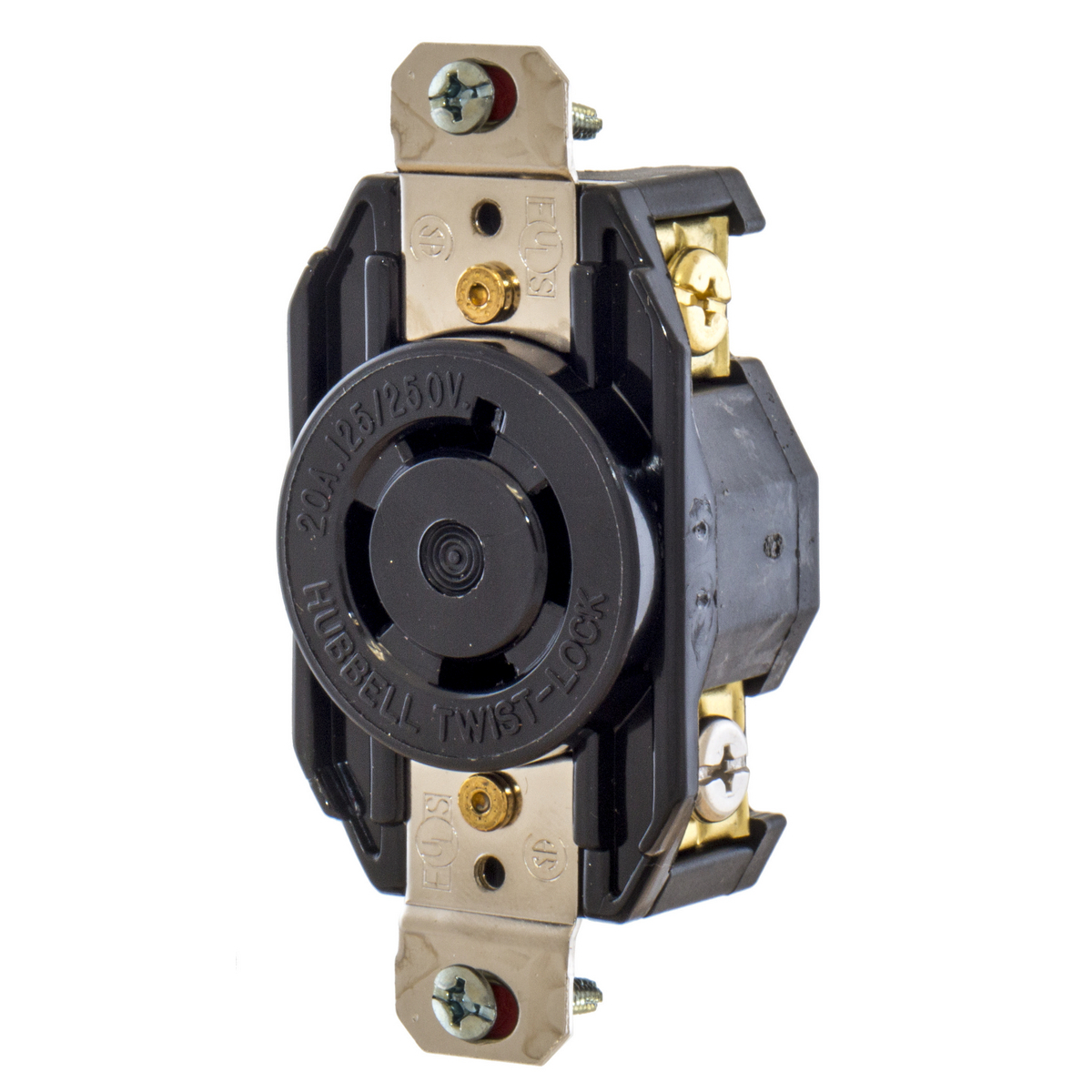 L1520R 3-Phase Grounding Standard Single Screw Mount Locking Receptacle, 250 V AC, 20 A, 3 Poles, 4 Wires, Black