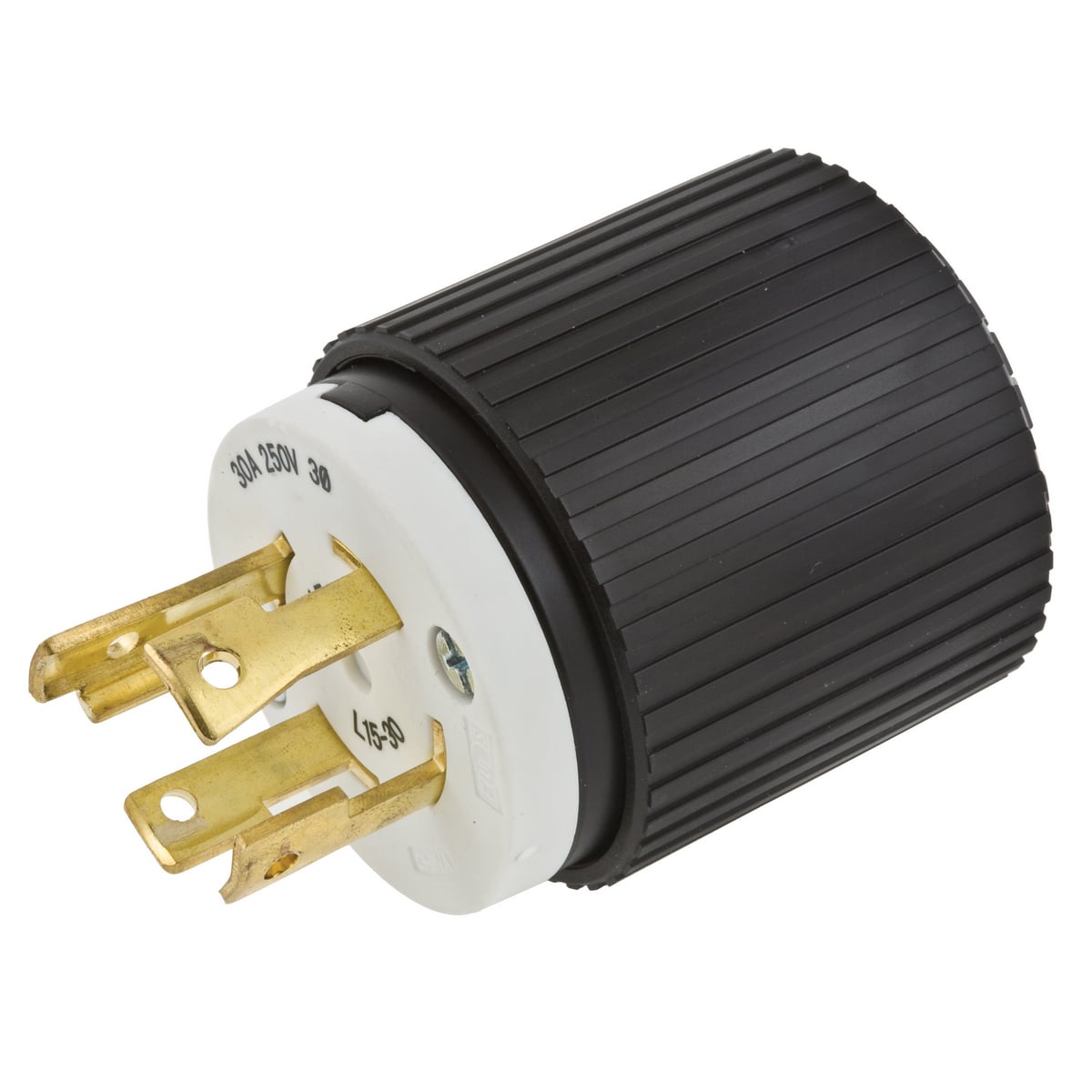 L1530P 3-Phase Grounding Standard Sized Cord Mount Locking Male Plug, 250 V AC, 30 A, 3 Poles, 4 Wires, Black