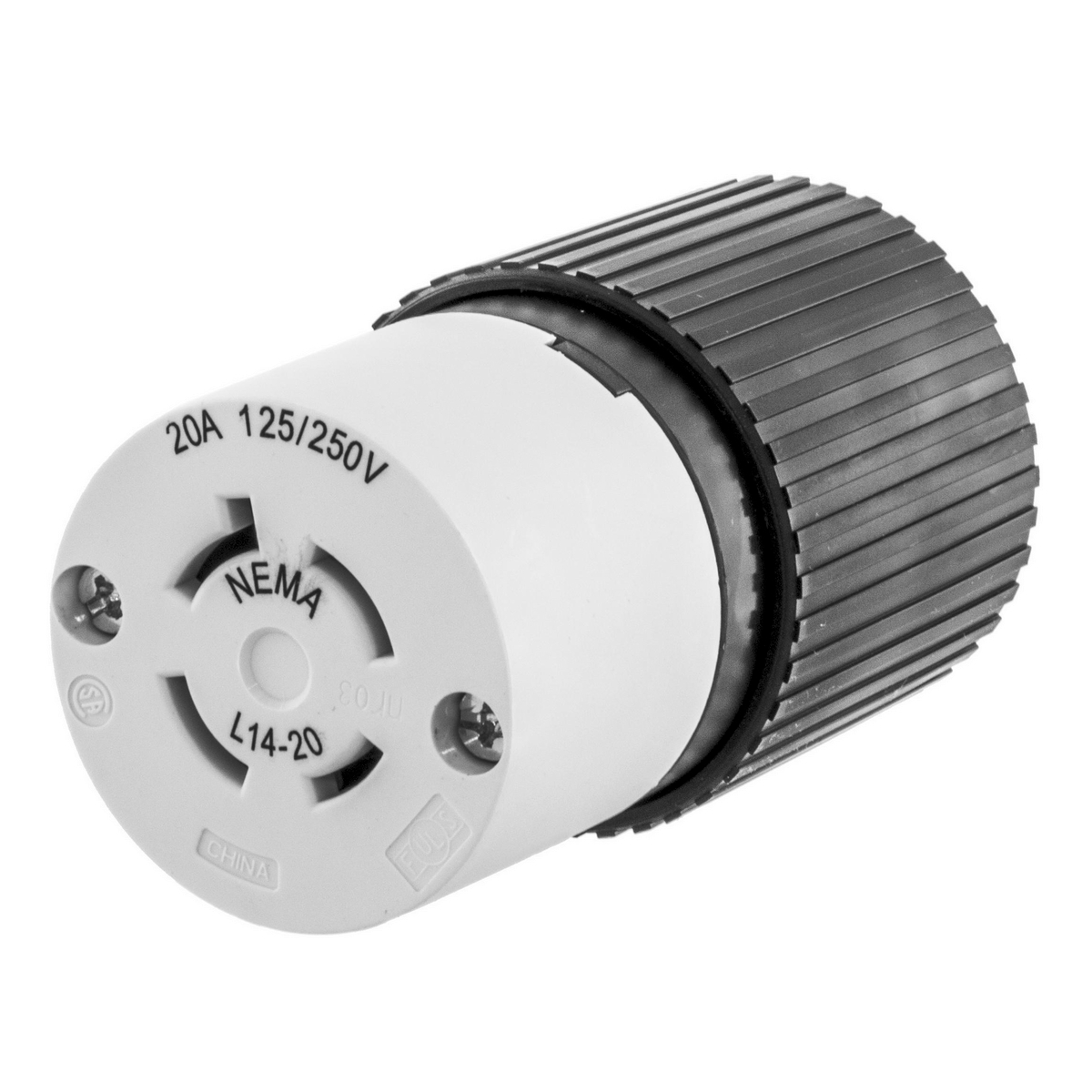 L1620C 3-Phase Female Grounding Standard Cord Mount Locking Connector, 480 V AC, 20 A, 3 Poles, 4 Wires, Black/White