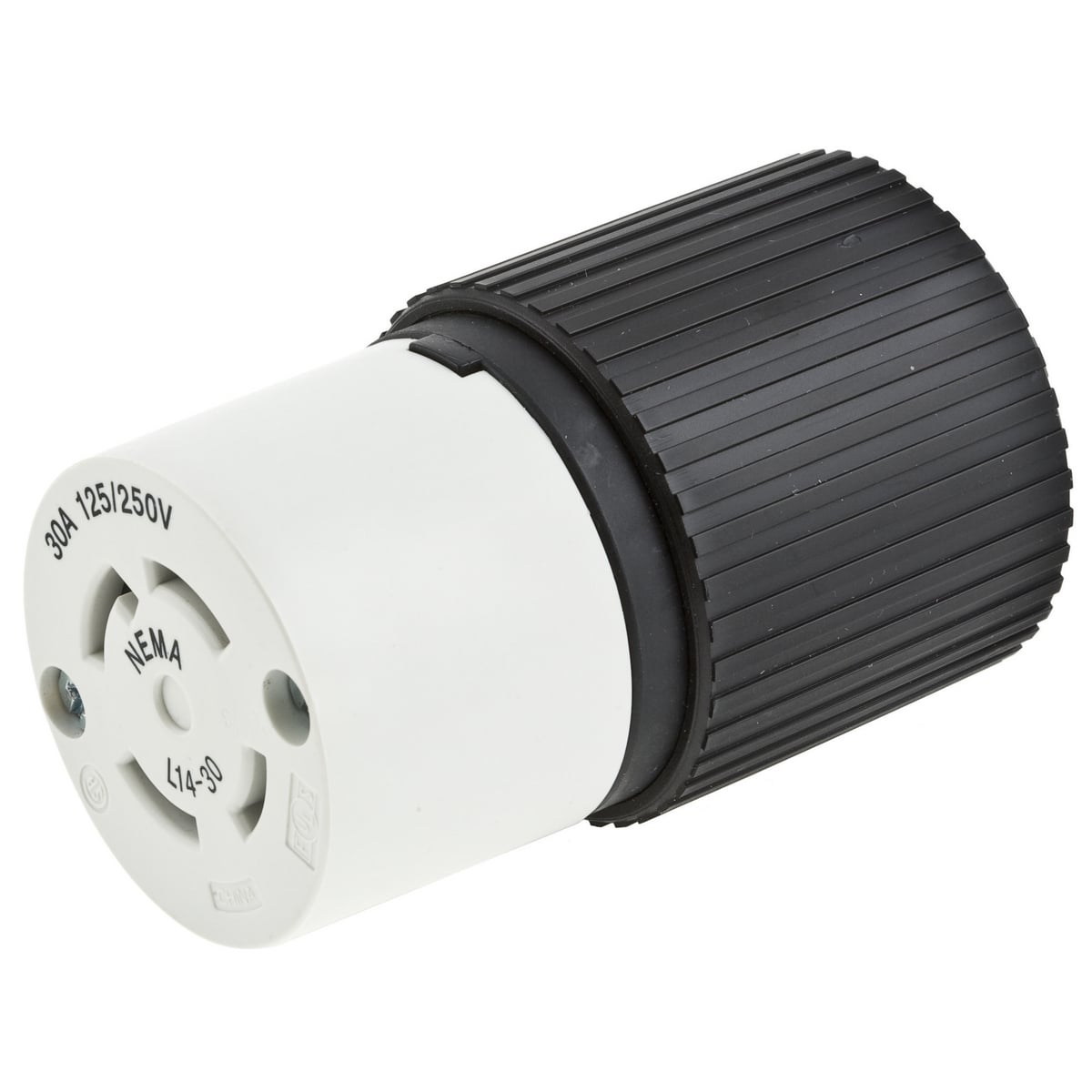 L1630C 3-Phase Female Grounding Standard Cord Mount Locking Connector, 480 V AC, 30 A, 3 Poles, 4 Wires, Black/White