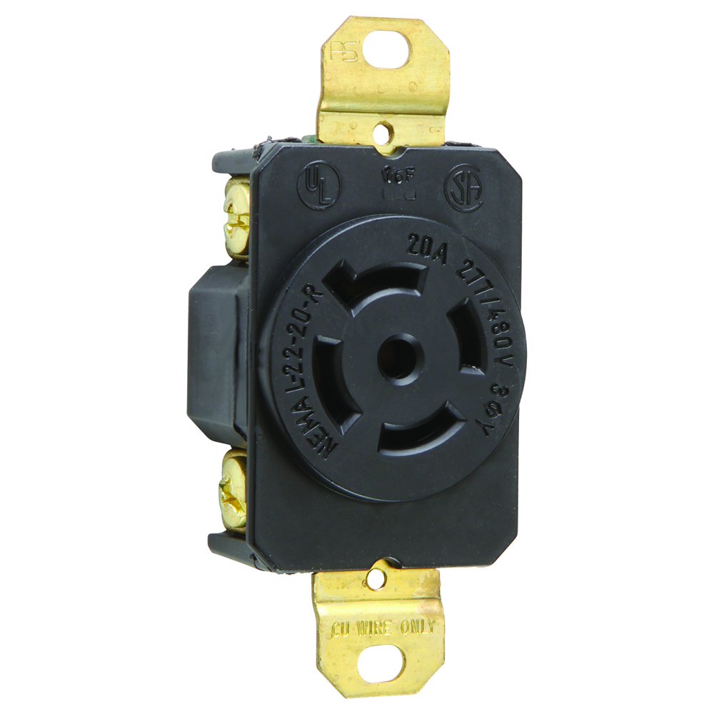 L2220R 20 Amp 277/480V NEMA L2220 Single Receptacle, 5-Wire, Black