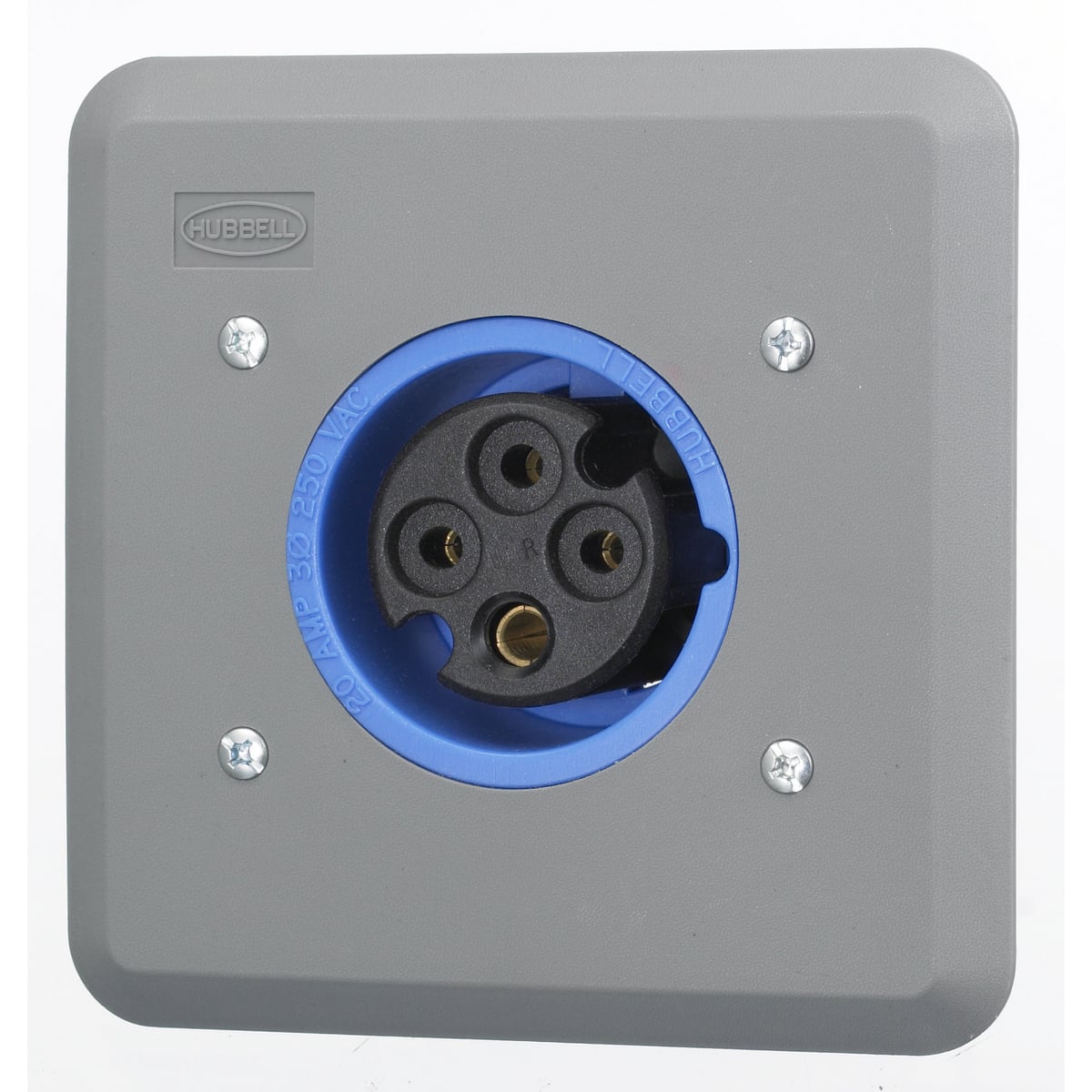 L420R9 3-Phase Female Low Profile Single Standard Screw Mount Watertight Pin and Sleeve Receptacle, 250 VAC, 20 A, 3 Poles, 4 Wires, Blue