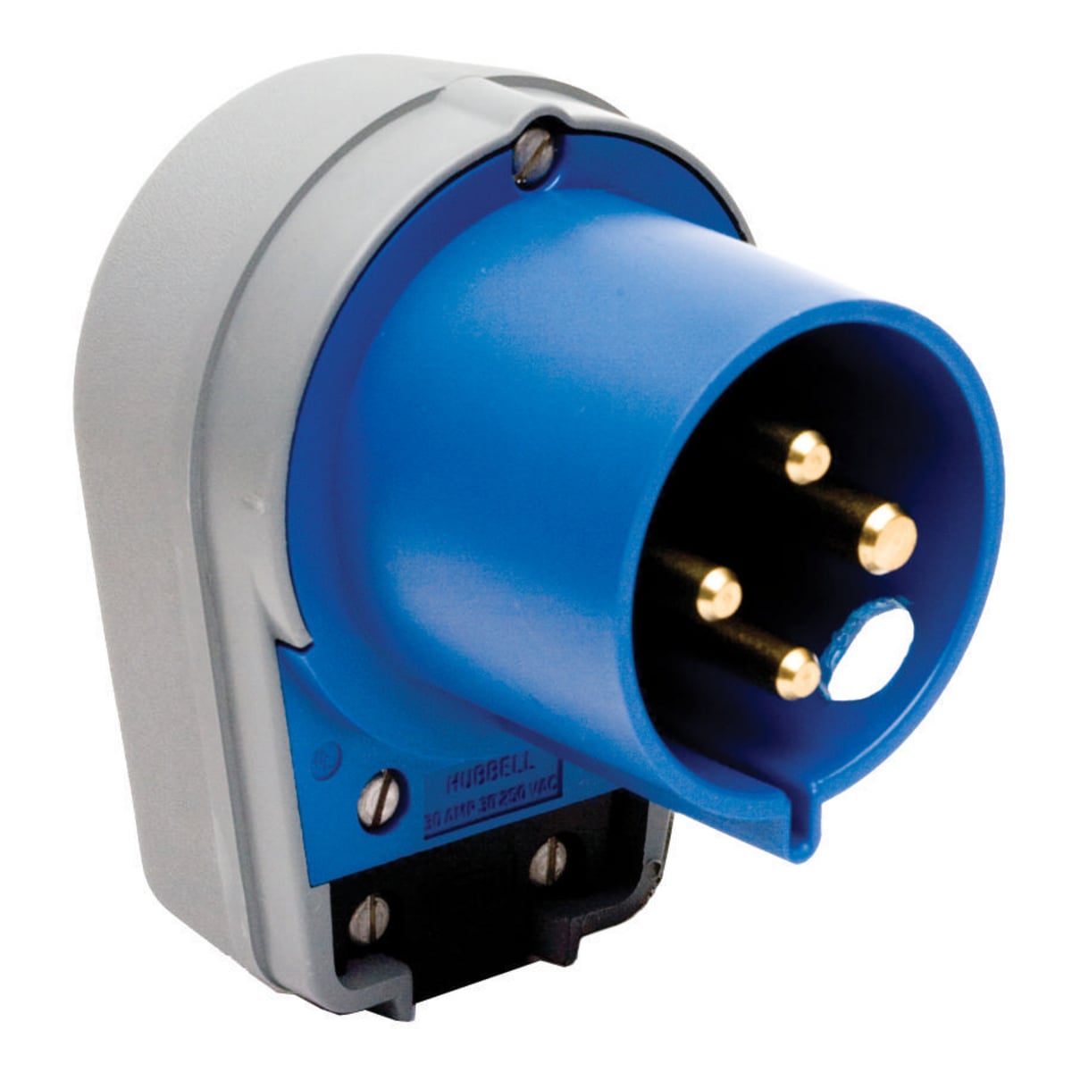 L430P9 3-Phase Heavy Duty Low Profile Male Standard Watertight Pin and Sleeve Angled Plug, 250 V AC, 30 A, 3 Poles, 4 Wires, Blue