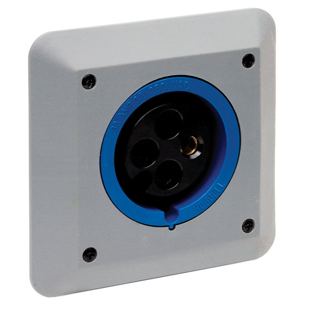 L430R9 3-Phase Female Heavy Duty Low Profile Single Standard Sized Screw Mount Watertight Pin and Sleeve Receptacle, 250 V AC, 30 A, 3 Poles, 4 Wires, Blue