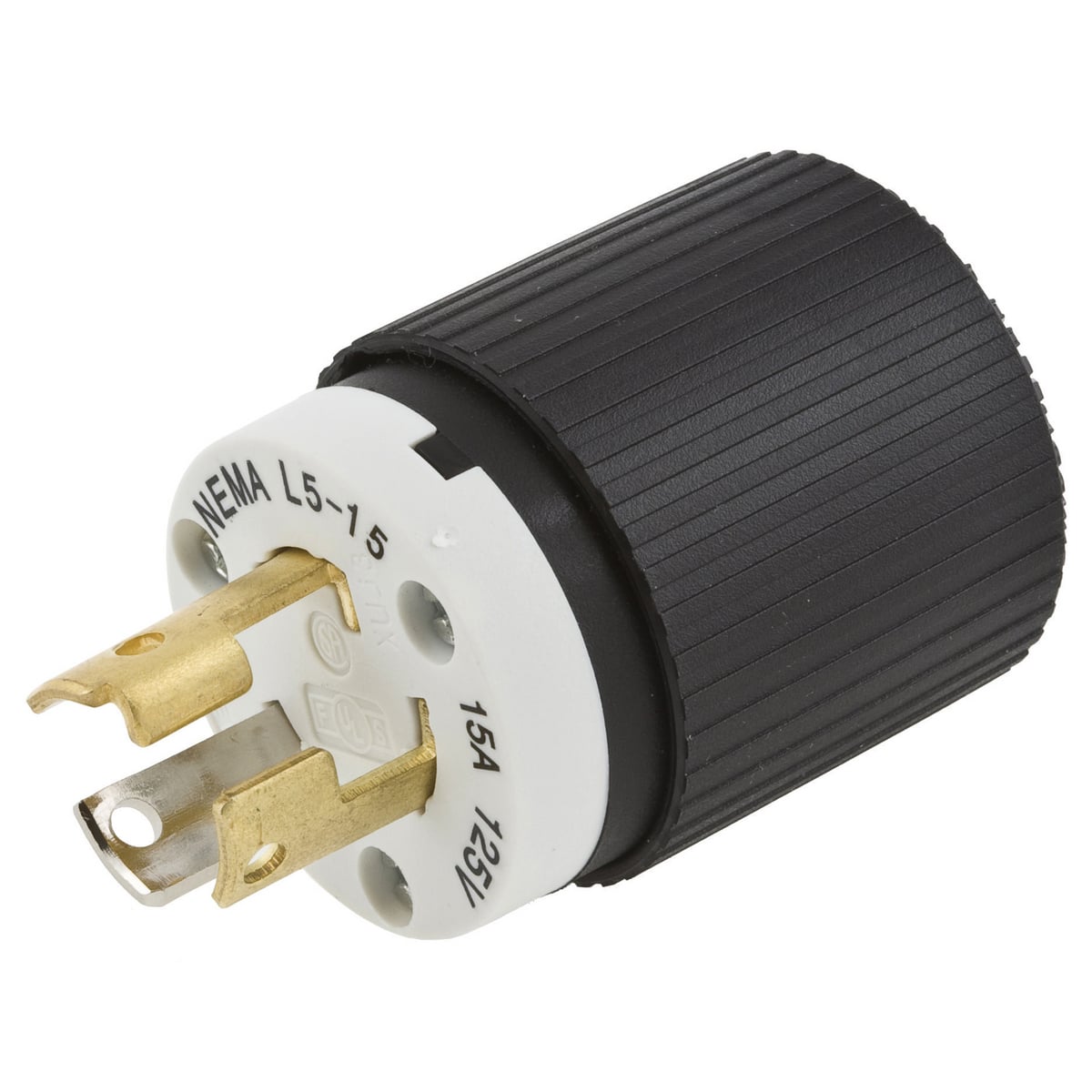 L515P 1-Phase Grounding Standard Sized Cord Mount Locking Male Plug, 125 V AC, 15 A, 2 Poles, 3 Wires, Black