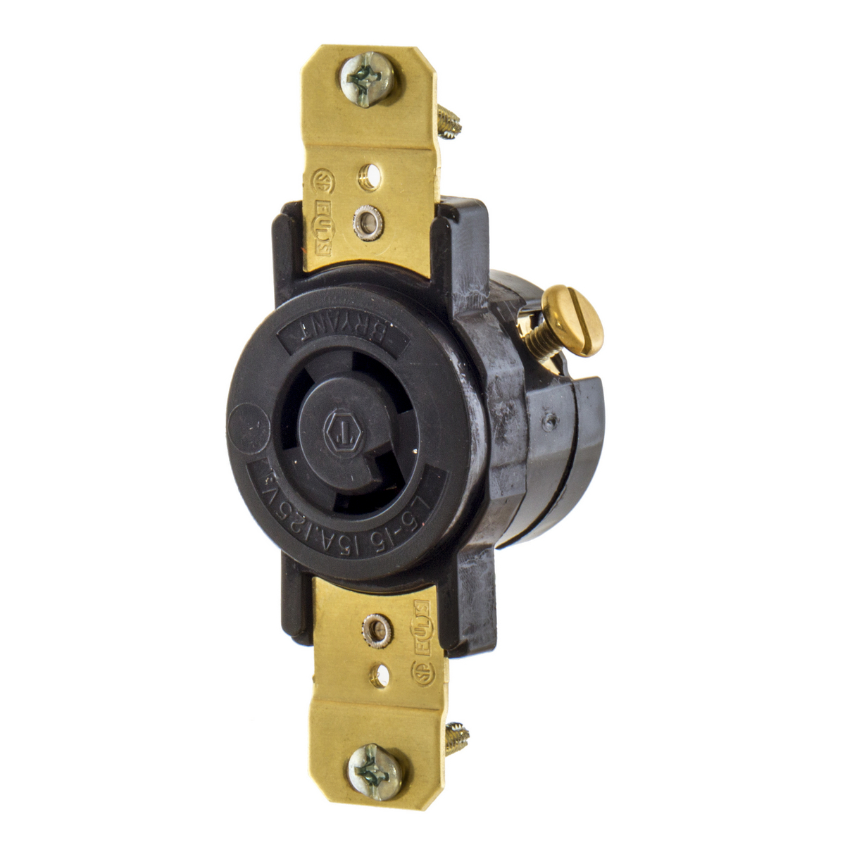 L515R 1-Phase Heavy Duty Grounding Standard Single Screw Mount Locking Receptacle, 125 V AC, 15 A, 2 Poles, 3 Wires, Black
