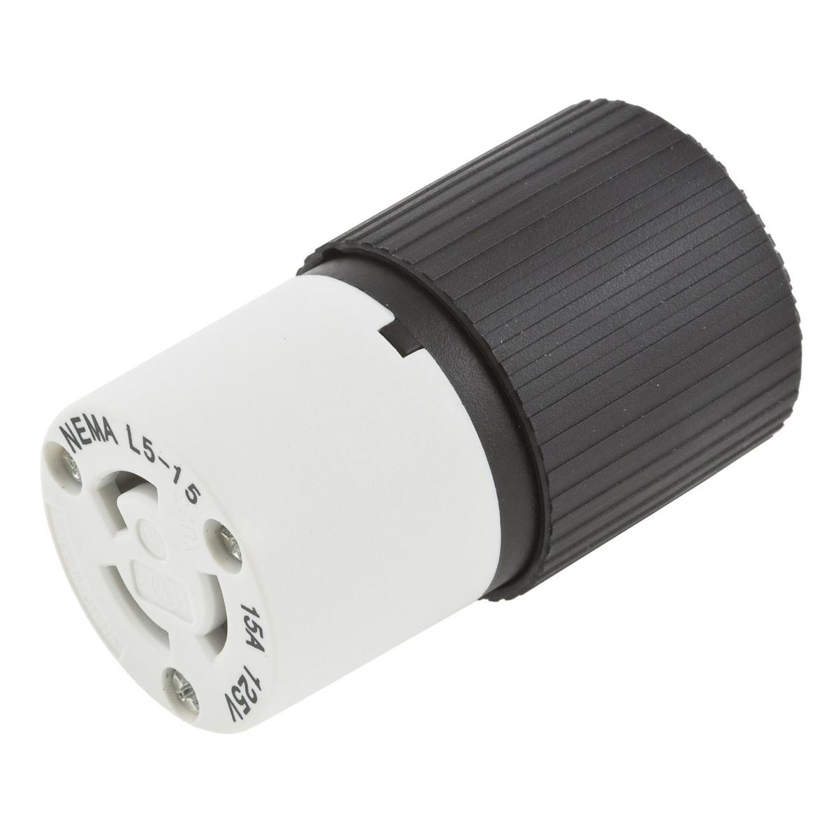 L520C Female Grounding Standard Cord Mount Locking Connector, 125 V AC, 20 A, 2 Poles, 3 Wires, Black/White