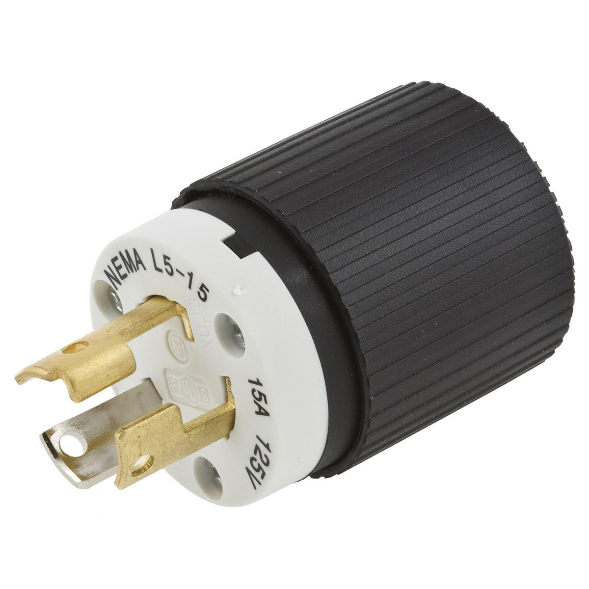 L520P 1-Phase Grounding Standard Sized Cord Mount Locking Male Plug, 125 V AC, 20 A, 2 Poles, 3 Wires, Black