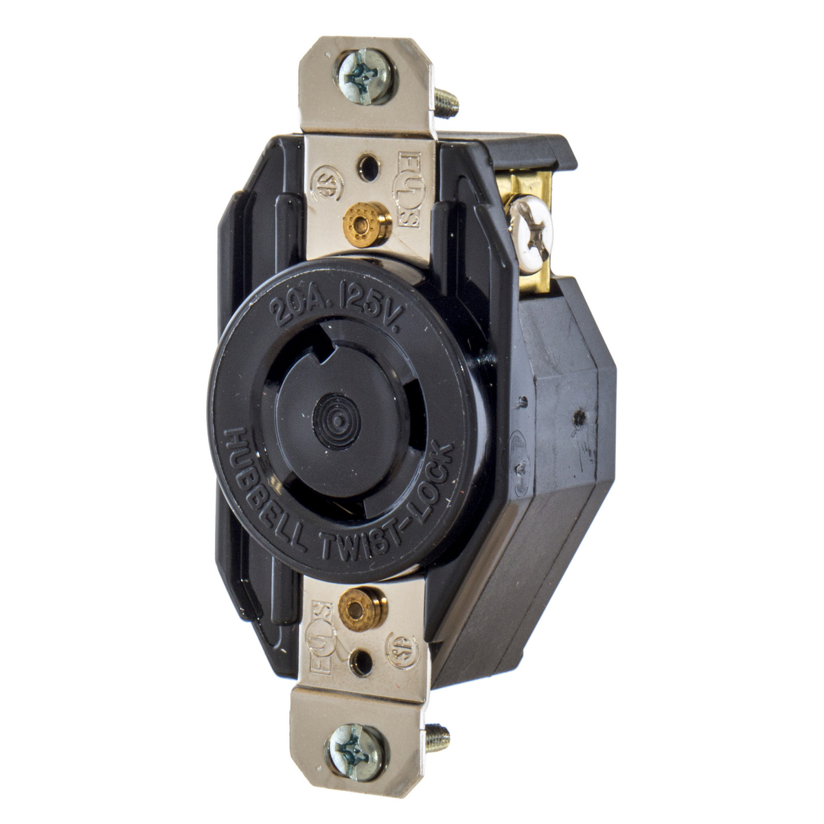 L520R 1-Phase Grounding Standard Single Screw Mount Locking Receptacle, 125 V AC, 20 A, 2 Poles, 3 Wires, Black
