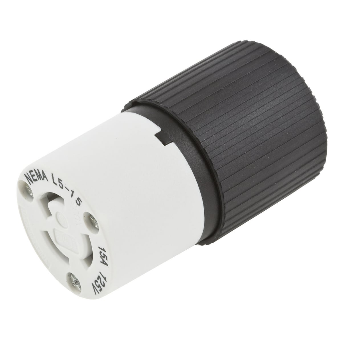 L530C Female Grounding Standard Cord Mount Locking Connector, 125 V AC, 30 A, 2 Poles, 3 Wires, Black/White
