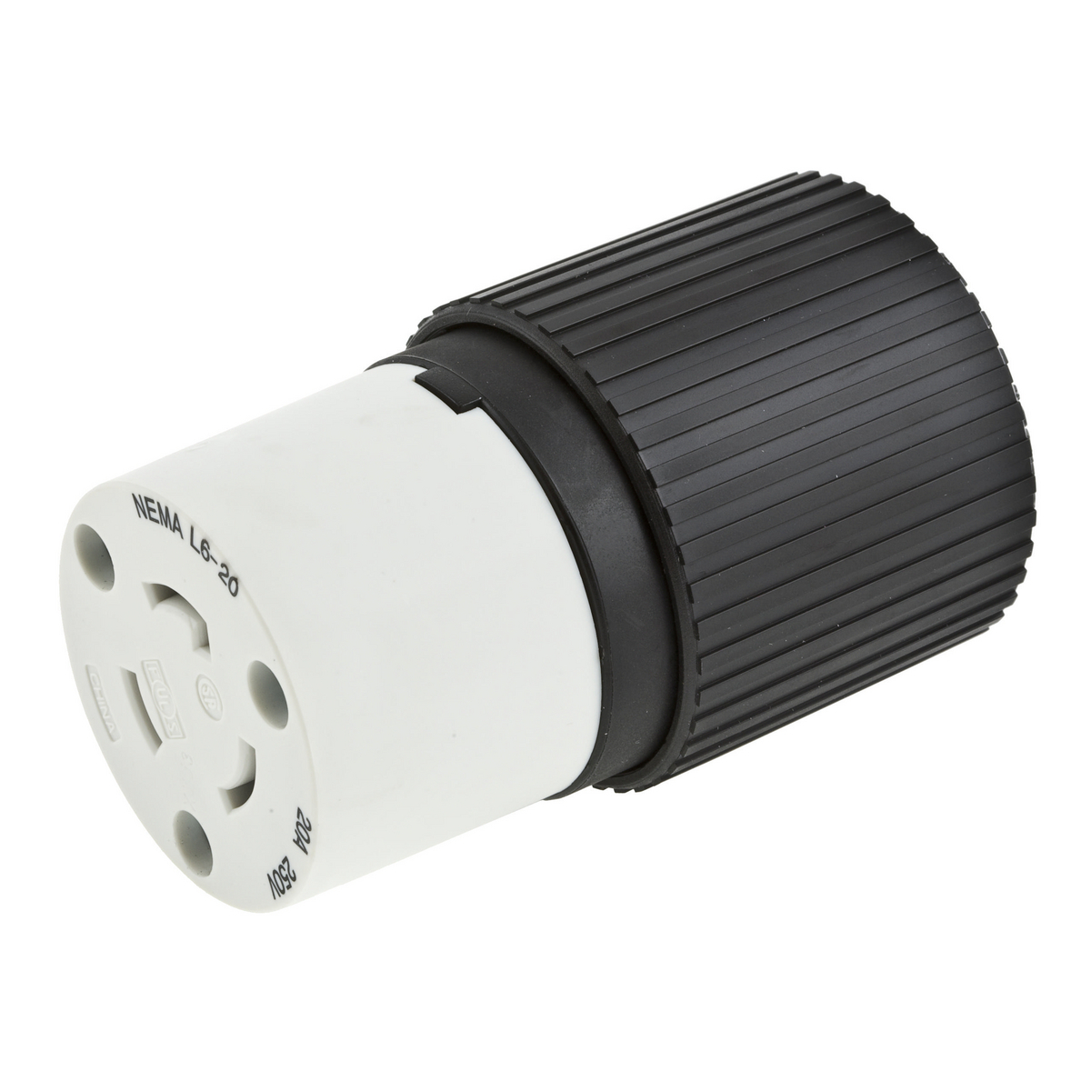 L620C Female Grounding Standard Cord Mount Locking Connector, 250 V AC, 20 A, 2 Poles, 3 Wires, Black/White