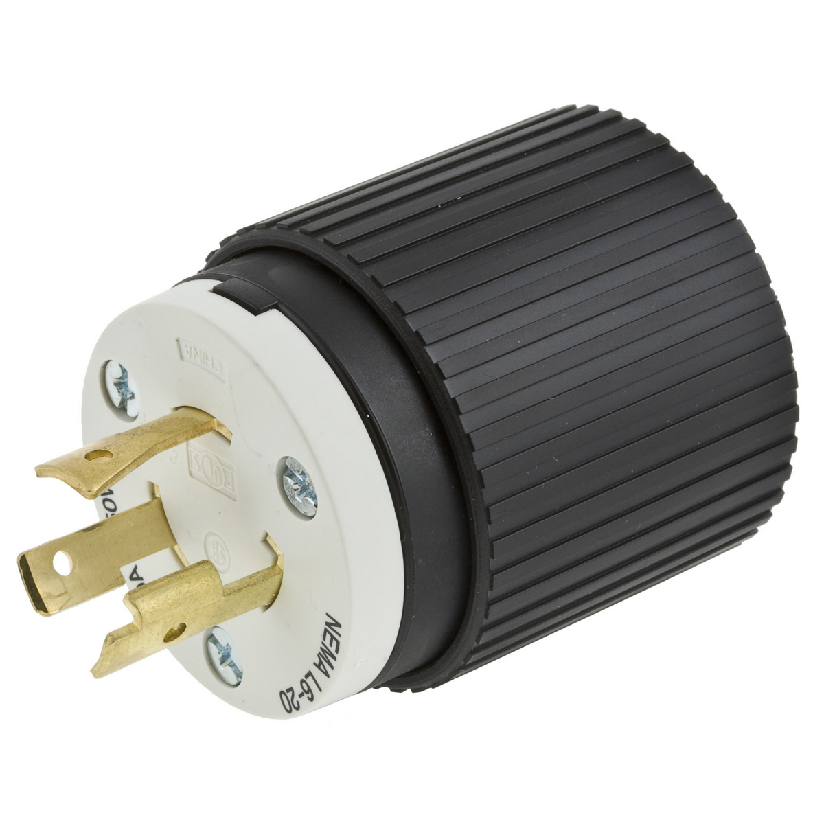 L620P 1-Phase Grounding Standard Sized Cord Mount Locking Male Plug, 250 V AC, 20 A, 2 Poles, 3 Wires, Black