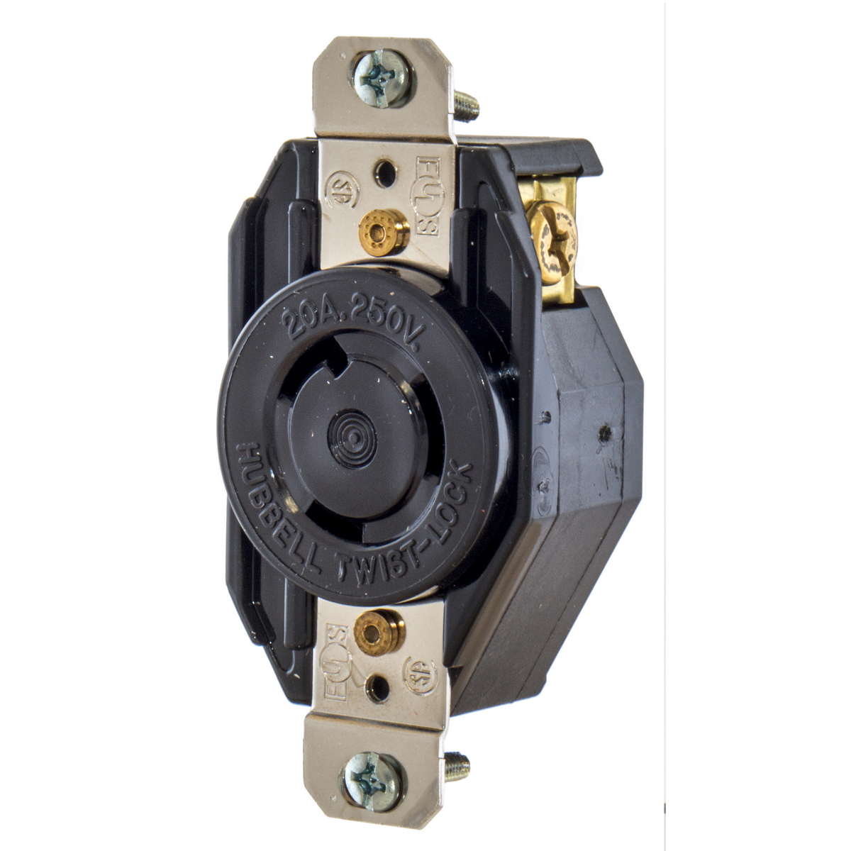 L620R 1-Phase Grounding Standard Single Screw Mount Locking Receptacle, 250 V AC, 20 A, 2 Poles, 3 Wires, Black