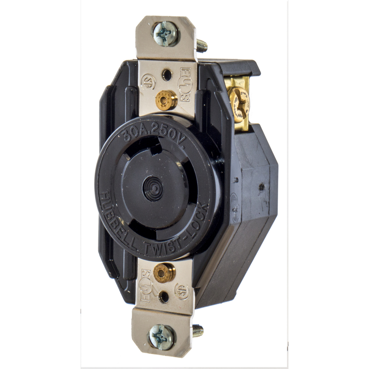 L630R 1-Phase Grounding Standard Single Screw Mount Locking Receptacle, 250 V AC, 30 A, 2 Poles, 3 Wires, Black