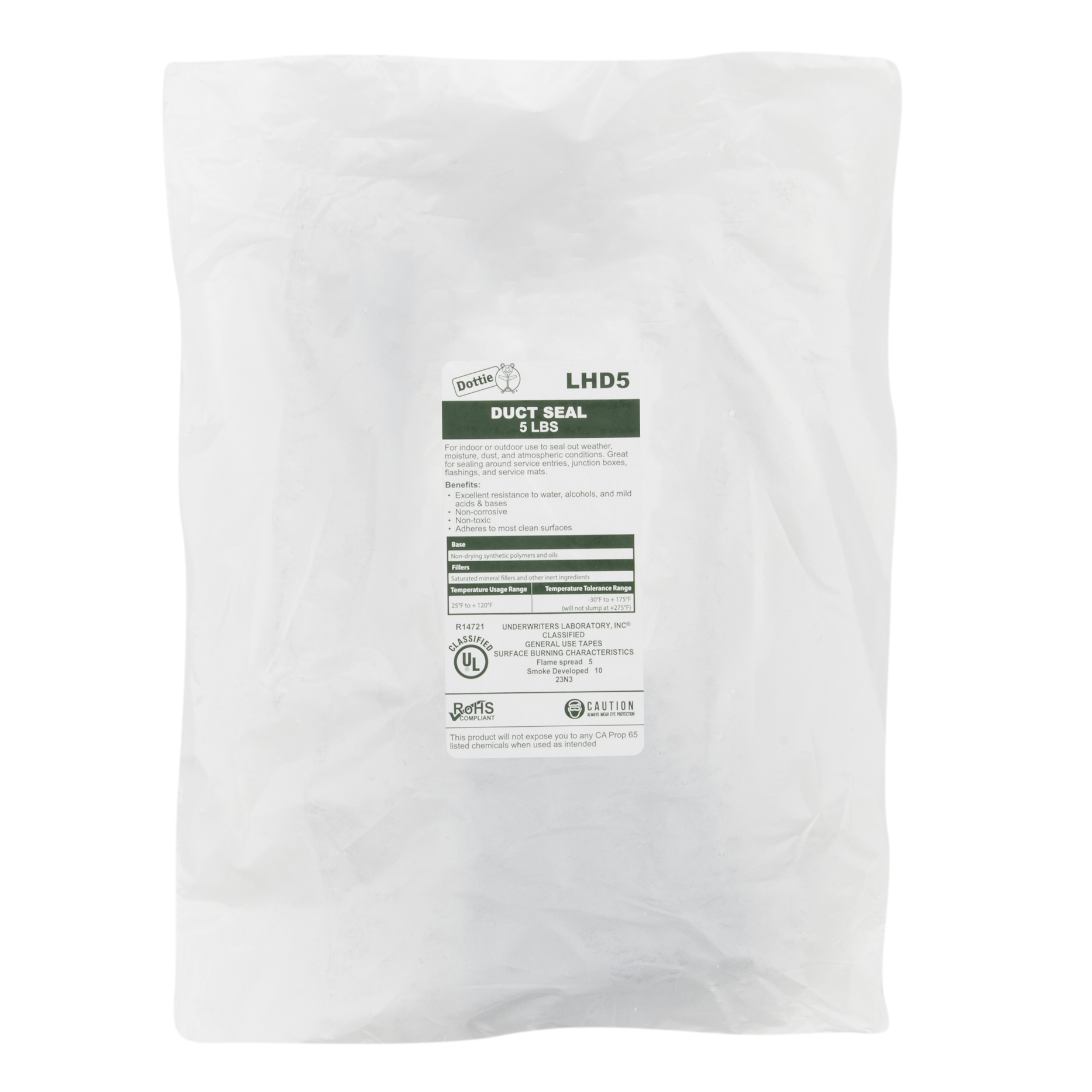 LHD5 Asbestos-Free Non-Toxic Duct Seal, 5 lb Plastic Bag, Solid Form, Dark Gray, 1.65