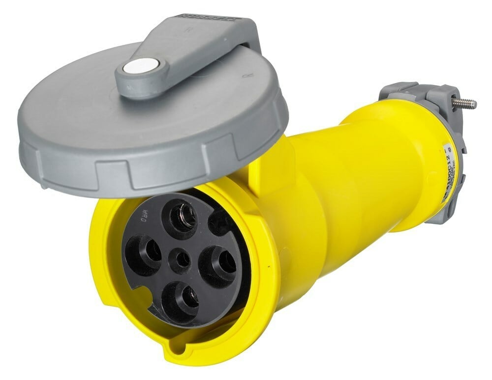 M4100C12 Female Heavy Duty Standard Watertight Cord Mount Pin and Sleeve Connector, 125/250 V AC, 100 A, 3 Poles, 4 Wires, Yellow