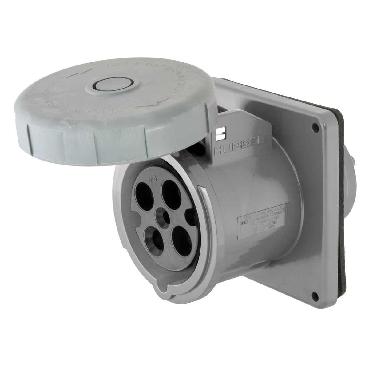 M4100R12 1-Phase Corrosion and Weather Resistant Female Single Watertight Screw Mount Pin and Sleeve Receptacle, 125/250 V AC, 100 A, 3 Poles, 4 Wires, Gray