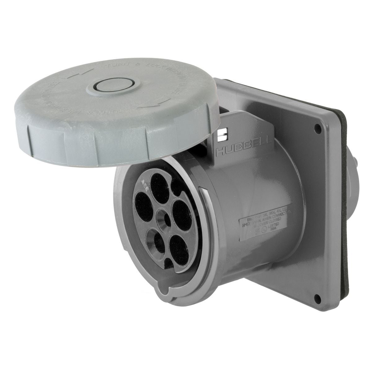M5100R9 3-Phase Flanged Heavy Duty Non-Metallic Single Standard Sized Watertight Screw Mount Weather Resistant Pin and Sleeve Receptacle, 120 to 208Y V AC, 100 A, 4 Poles, 5 Wires, Gray