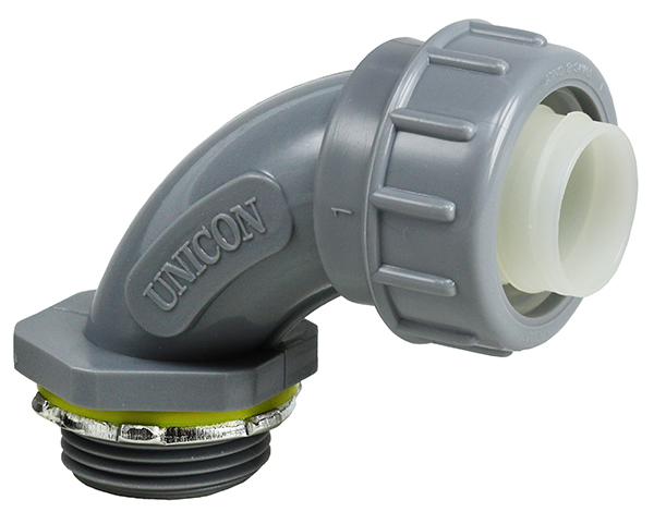 NLT9075 Insulated Liquid Tight Conduit Connector With Polypropylene Sealing Ring, 3/4 in Trade, 90 deg, PVC