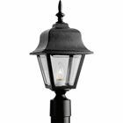 Set this sculpted post lantern near your walkway to guide guests inside, or let it light up a patio for outdoor gatherings. Its crystal clear acrylic panels stand up to harsh weather, and 100-watt lighting provides brilliant, far-reaching illumination. Non-metallic post lantern with clear, beveled acrylic panels in a Black finish.