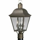 The Andover collection three-light post lantern with aluminum construction, offers a mixture of traditional and country style for a variety of applications. Beveled glass panels allow optimum brightness. Hinged door for easy relamping.