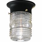 An outdoor injelly jar in utility flush mount featuring a black powder-coated finish and clear marine glass. The fixture is wet location listed and ideal for outdoor spaces. The glass shape is a reminder of the old-fashioned jelly jars.