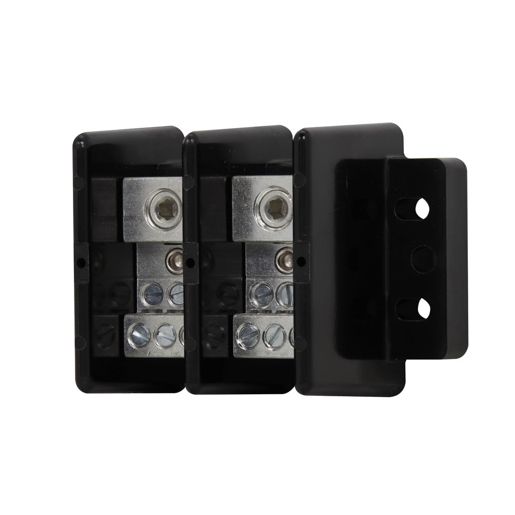 16021-2 Power Distribution Block, 600 V AC/DC, 175 A, 2 Poles, 14 to 2/0 AWG Cu, 8 to 2/0 AWG Al Line, 14 to 4 AWG Cu, 8 to 4 AWG Al Load Wire, Thermoplastic