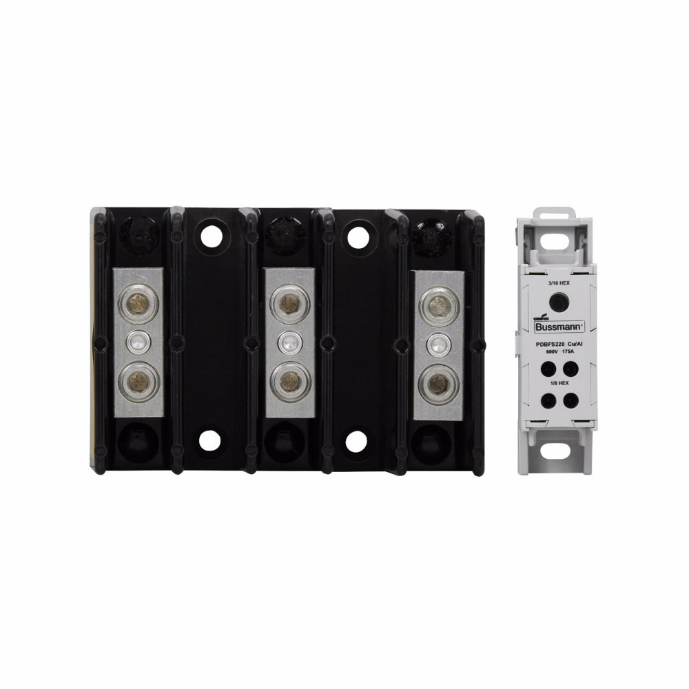 16021-3 Power Distribution Block, 600 V AC/DC, 175 A, 3 Poles, 14 to 2/0 AWG Cu, 8 to 2/0 AWG Al Line, 14 to 4 AWG Cu, 8 to 4 AWG Al Load Wire, Thermoplastic