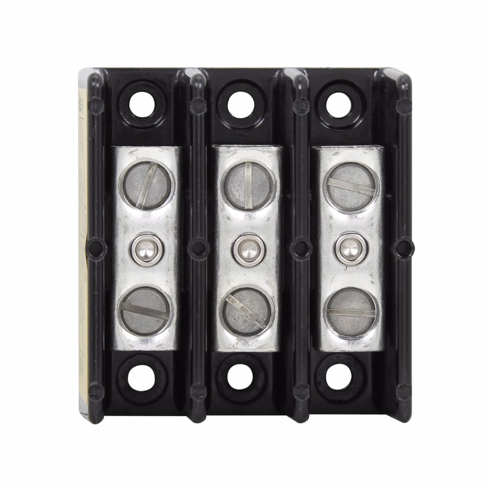 Eaton Bussmann series power splicer block, 600 Vac, 600 Vdc, 150A, Power splicer block, Three-pole, Splicer, SCCR: 10 kA, Black, Molded Thermoplastic Base, Tin-plated aluminum connector