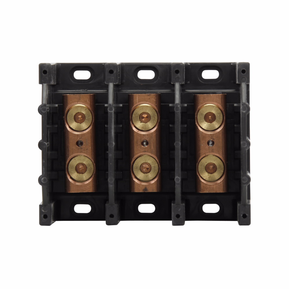 Eaton Bussmann series power splicer block, 600 Vac, 600 Vdc, 255A, Power splicer block, Three-pole, Splicer, SCCR: 10 kA, Black, Molded Thermoplastic Base, Tin-plated aluminum connector